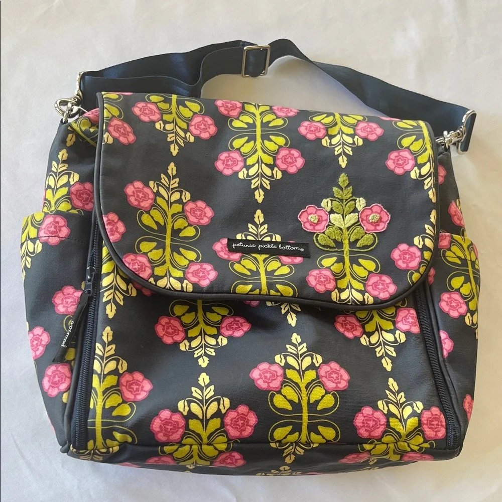 Petunia Pickle Bottom Navy Blue Diaper Bag with Pink and Green Floral Design